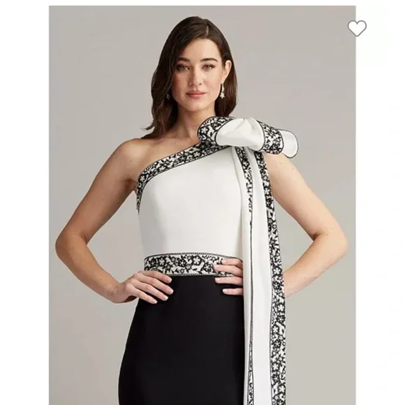 Tadashi Shoji Asymmetrical Embellished Gown White and Black